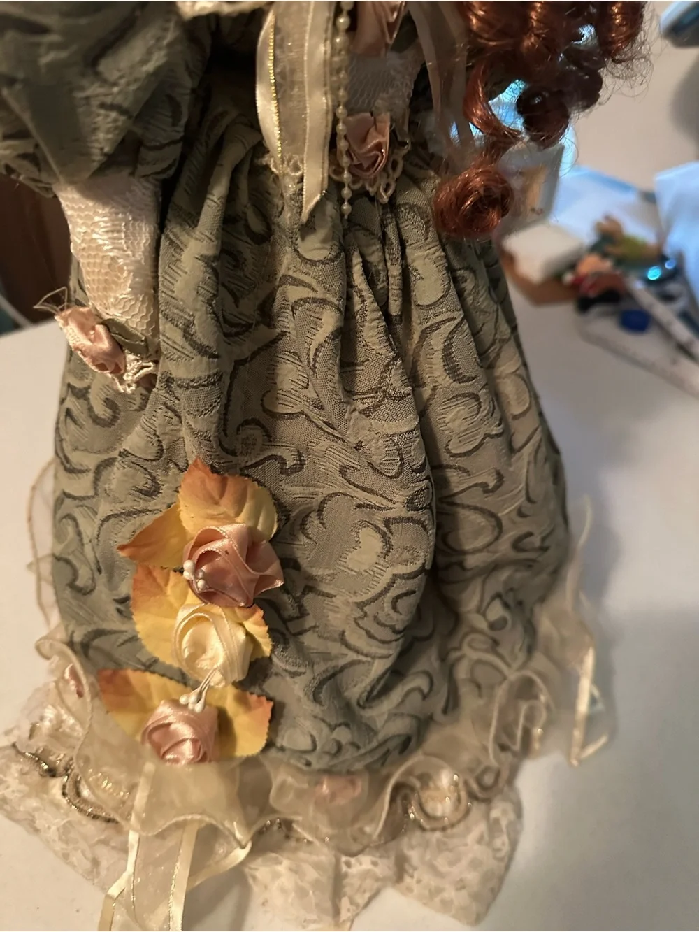 Vintage/ Dollhouse Porcelain Doll in Sage Green Lace Dress with Auburn Curls